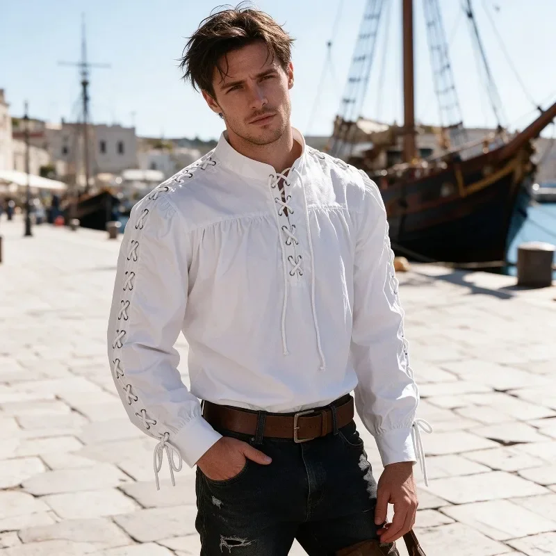 Medieval Gothic Lace Up Pirate Shirt - 남성용 중세 해적 셔츠, 긴 소매,