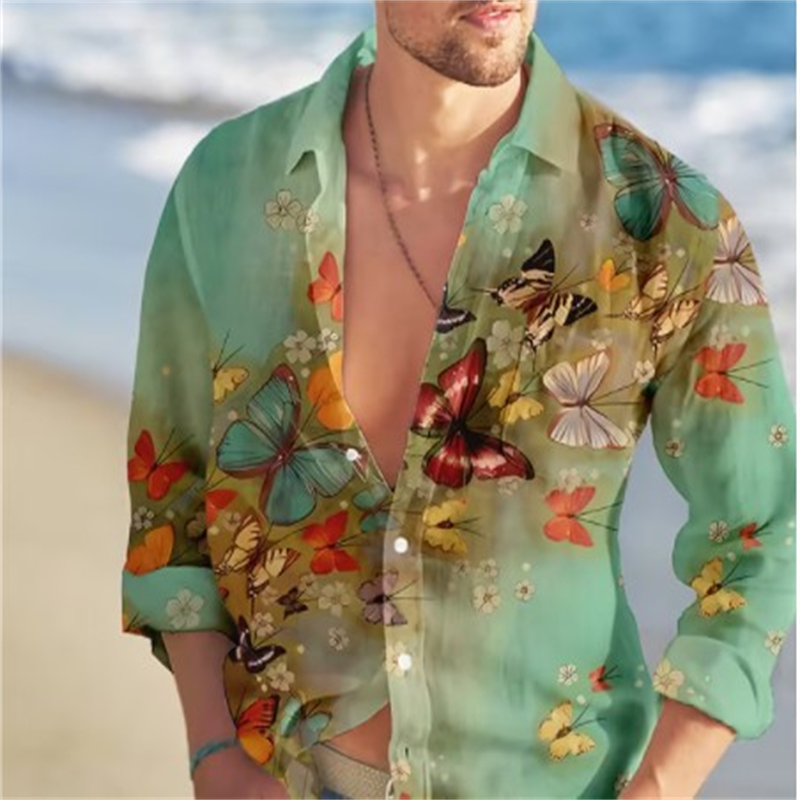 Vintage Hawaiian Floral Shirt - 나비 하와이안 셔츠, 꽃무늬 3D 프린트