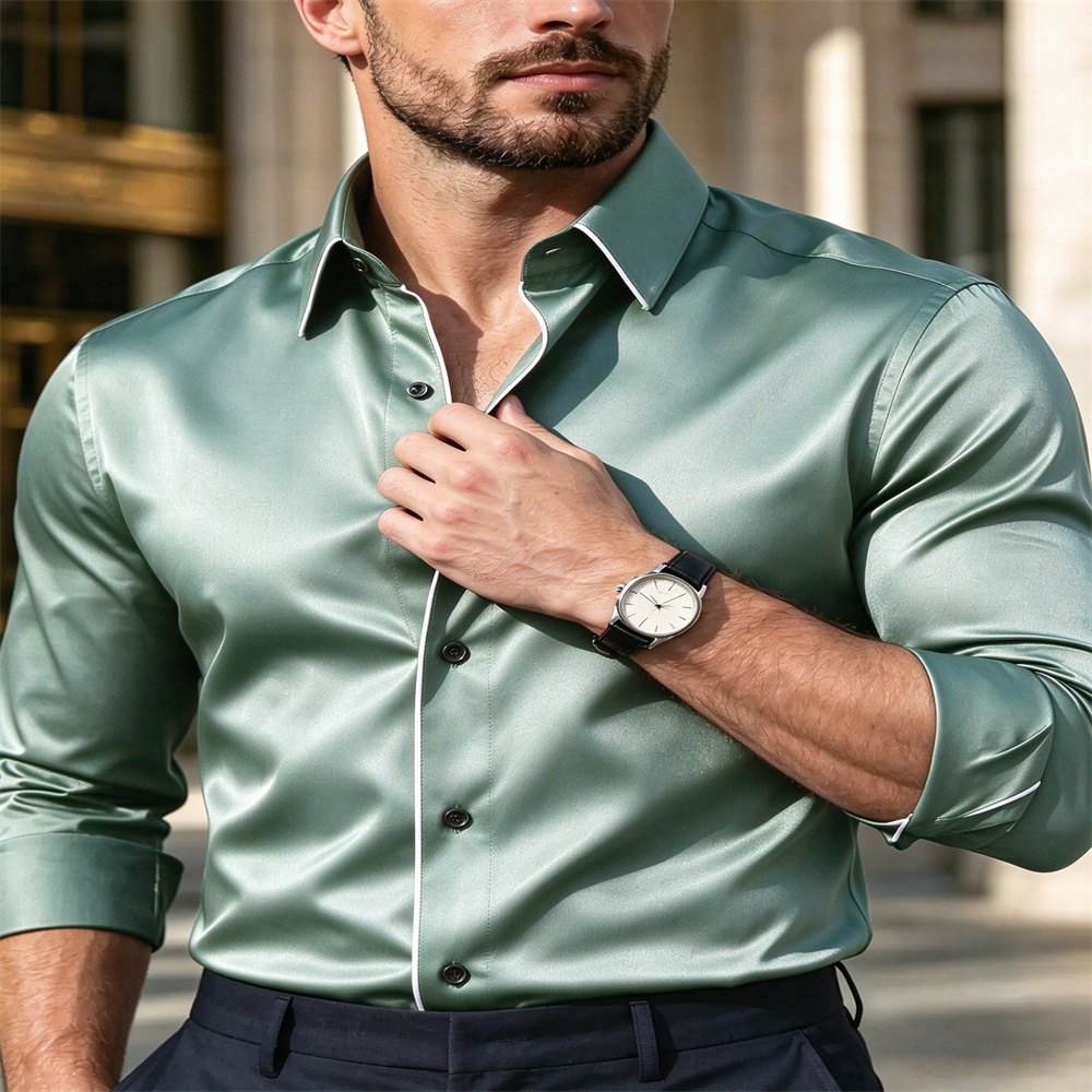 남성용 슬림핏 새틴 소재 긴팔 셔츠, 흰색 트리밍 칼라 - Mens Satin Silk Dress Shirt 리뷰 및 가격