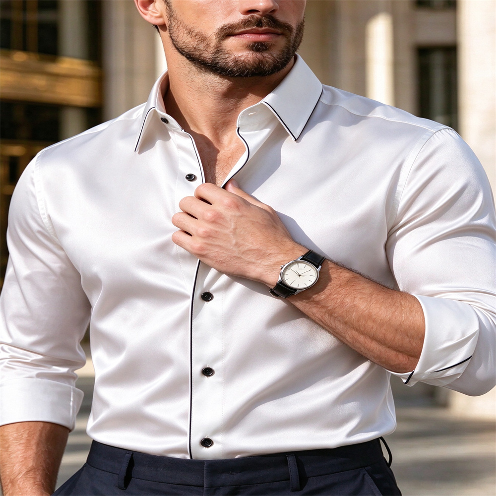 남성용 슬림핏 새틴 소재 긴팔 셔츠, 흰색 트리밍 칼라 - Mens Satin Silk Dress Shirt 리뷰 및 가격