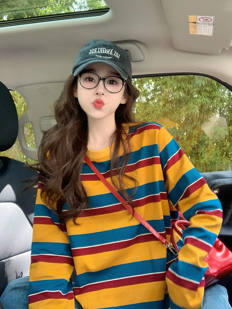 여성용 컬러 블록 스트라이프 긴팔 티셔츠, 둥근 네크라 - T-Shirts 리뷰 및 가격