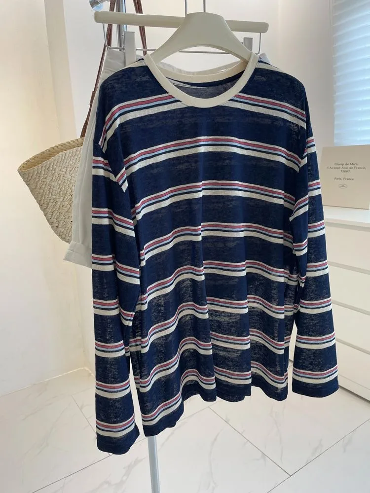 여성용 미니멀리즘 스타일의 파란색과 흰색 줄무늬 긴팔  - T-Shirts 리뷰 및 가격